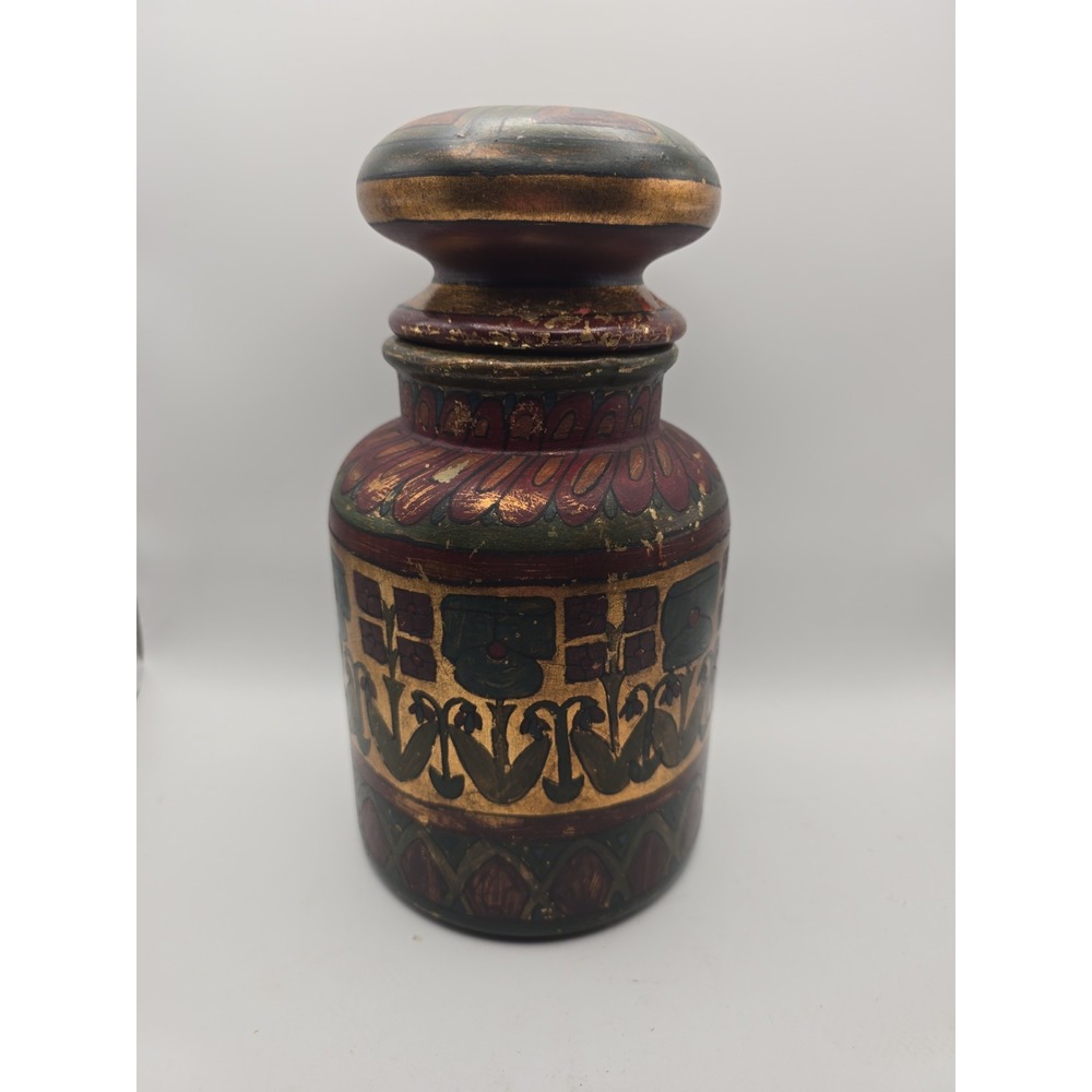 Hand Painted Studio Pottery Canister Folk Art Lidded Jar Rustic Terracotta
